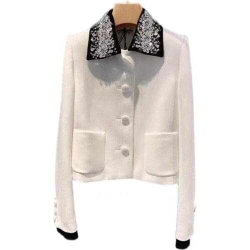 Womens Coat 2021 Autumn Fashion Style Ladies Turn-down Collar Beading Deco Long Sleeve Casual White Pink Tops Coat Outwear