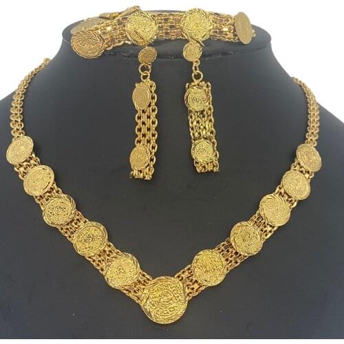 Gold Color & Copper Necklace Earrings Bracelet Wedding Birthday Party Gift Coins Jewelry set for Women