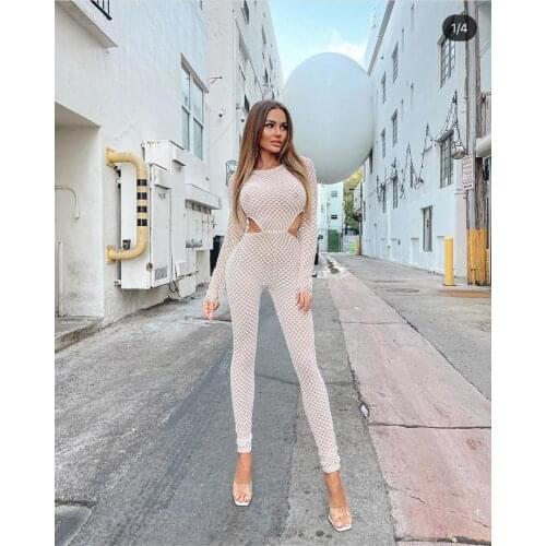 2021 New Fashion Women Designer Long Sleeve O Neck Hollow Out Bodycon Women Jumpsuit