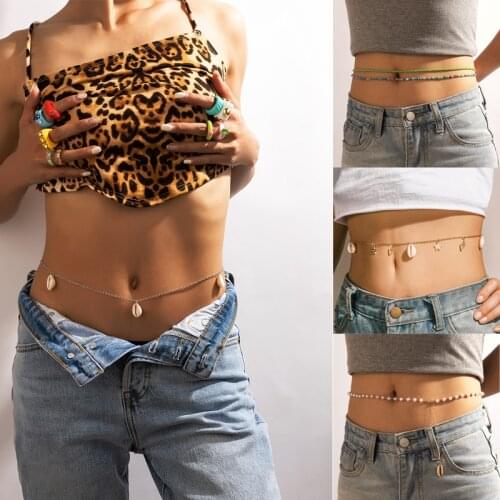 Tocona Bohemian Shell Belly Chain for Women Colorful Bead Sexy Pearl Stone Moon Adjustable Body Chain Jewelry Accessories