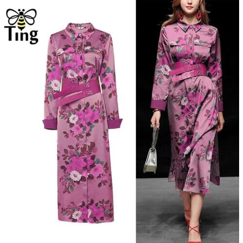 Tingfly Runway Purple Floral Button Up Casual Midi Long Dress with Belt Vintage Elegant Straight Work Office Dress Vestidos Robe