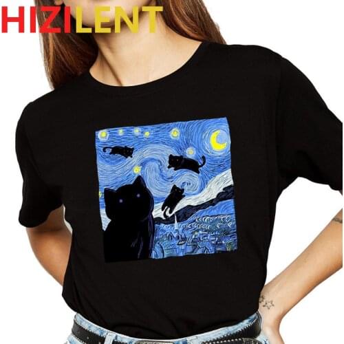 Oil Printed Black Cat Starry Night T Shirt Unisex O-Neck Clothes Hip Hop Oversize Tshirt Harajuku Summer T-Shirt Swag Streetwear
