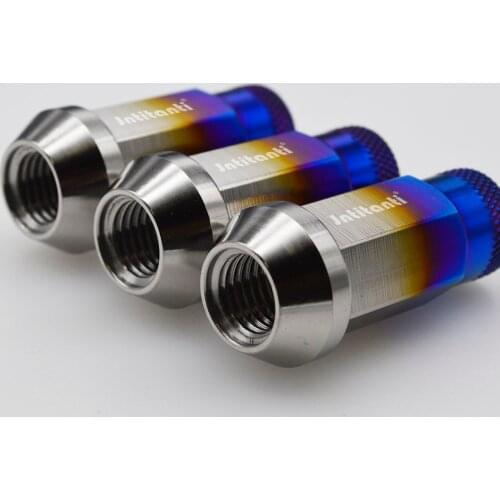Lightweight Burnt blue Gr5 titanium wheel nut with knurled open end M12*1.5*48