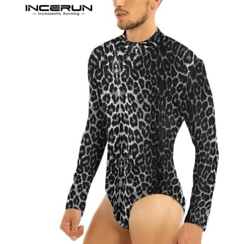 INCERUN Fashion Long Sleeve High Collar Romper T-Shirts Men Leopard Print Sexy T Shirts Men Casual Bodysuit Tops Camisetas 5XL 7