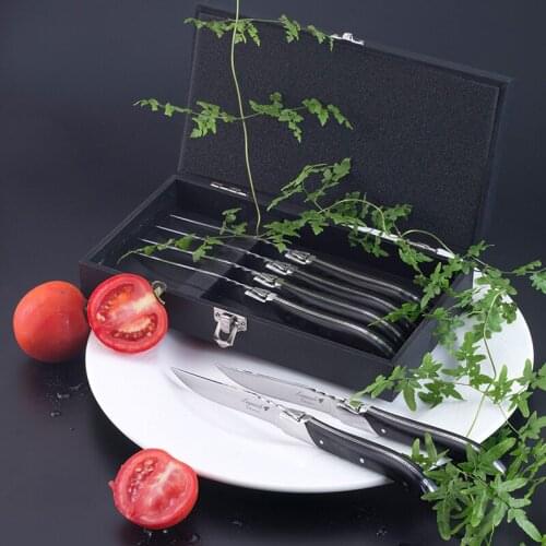 6pc Laguiole Style Flatware set Steak Knives Forks Black Wood handle Dinnerware in Wood Box Restaurant Christmas gifts 8.7