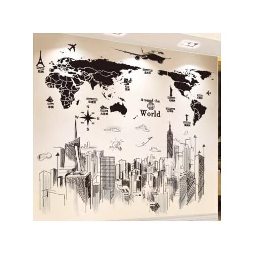 World Map Wall Stickers DIY Buildings Mural Decals for Living Room Office House Decoration Muurstickers Accessories