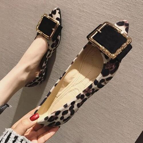 Latest Spring And Autumn Womens Shoes Leopard Print Temperament Rhinestone Square Buckle Casual Shallow Mouth Zapatos De Mujer