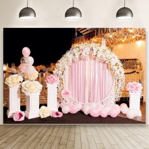 Pink Theme Wedding Ceremony Flowers Scene Garland Decor Romantic Balloons Party Photo Background Studio Banner
