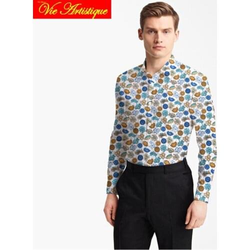 Custom tailor made women Mens bespoke cotton floral shirts business formal wedding ware blouse white print blue yellow flower