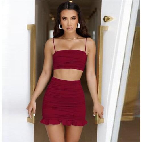 Spaghetti Strap Camis Pleated Ruffles Skirt Suits Outfits for Women Matching Sets 2 Piece Skirts Package Hip Sexy Show Chest Set