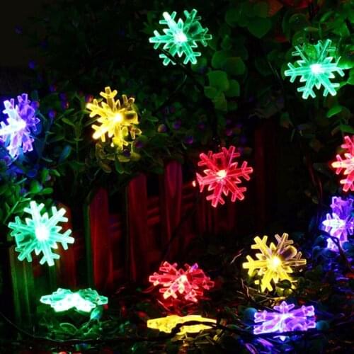LED Snowflake Fairy Lights String Outdoor Waterproof Solar Operated Festoon New Years Garland Holiday Lighting Party Decoration