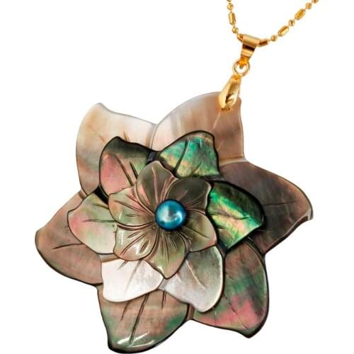 TUMBEELLUWA Black Abalone Shell Three Layers Flower Healing Reiki Pendant For Women Gold Color Jewelry Necklace
