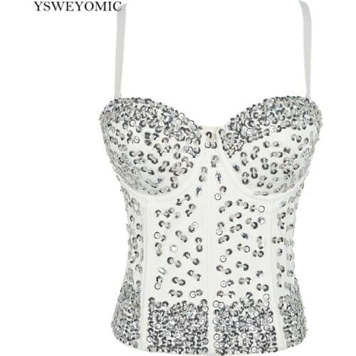 Cropped Top Vest Women Sexy Rhinestone Beading Top White Sleeveless Bustier Tops Club Party Corset Long Vest Rave Festival Top
