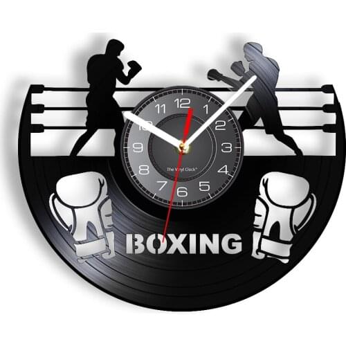 Boxing Game Inspired Vinyl LP Wall Clock Boxing Club Hanging Decor Boxer Arena Glove Silhouette Wall Art Watch With Backlight