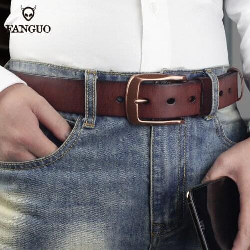 Vintage Cowhide Leather Mens Belt Handmade Solid Cowskin Belt Brass Pin Buckle Metal Belts Male 3.7cm Width