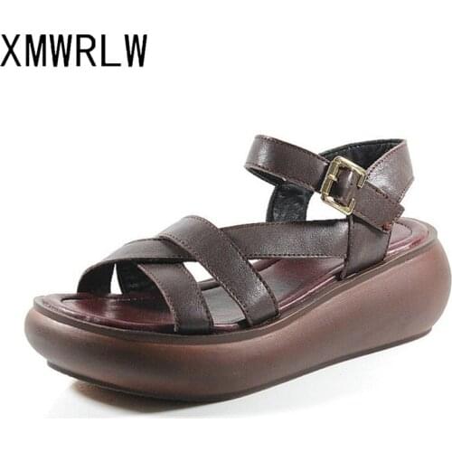 XMWRLW Genuine Leather Sandals For Women Retro Shoes 2020 Summer Ladies Handmade Sandals Women Thick Sole Summer Wedges Shoes