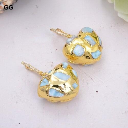 GuaiGuai Jewelry Natural Blue Larimar Heart Shaped Yellow Gold Plated Dangle Lever Back Earrings