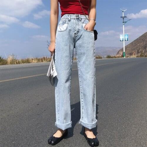 Womens Clothing Jeans Full Length Straight Pants Women Washed soft Cotton High Waist Pants Female Preppy Style Blue Jeans