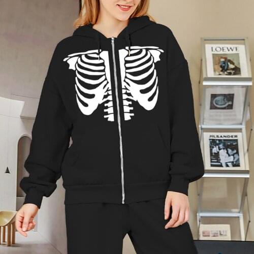 Punk Graphic Skeleton Print Zipper Ribbon Hooded Oversized Hoodie Women Casual Black Cool Fashion Sweatshirt Streetwear Autumn