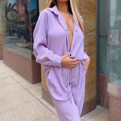 OneBling Za Woman 2021 Traf Long Sleeve Shirts+Trousers 2 Piece Set Autumn Tops Wide Leg Pants Sets Female Casual Fashion Blusas