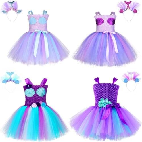 Princess Girl Mermaid Tutu Dress Lovely Girl Purple Blue Knee Length Flower Birthday Tutu Dresses With Headband Cosplay Costume