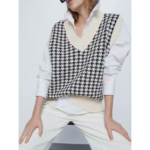 New Houndstooth Loose Knit Vest womens plaid pullover casual loose fashion hot Sweater sleeveless knitting spring fall