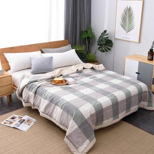 Winter Air-conditioning Quilt Soft Breathable Throw Blanket Thin Stripe Plaid Comforter Bed Cover Bedspread