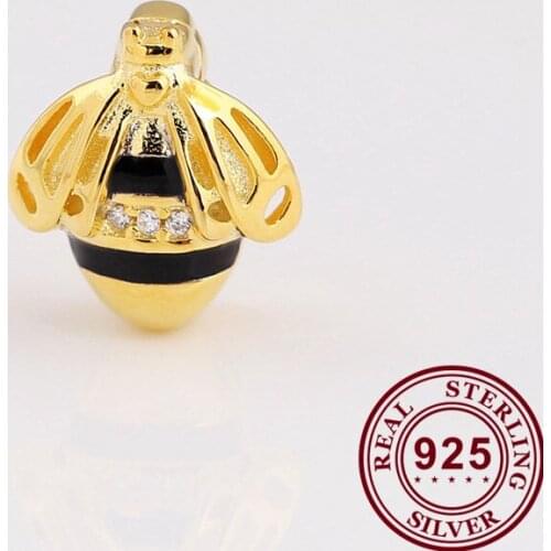 100% 925 Sterling Silver Bead Golden Bee Flat Clip Fit Pandora Women Bracelet & Necklace Diy Jewelry