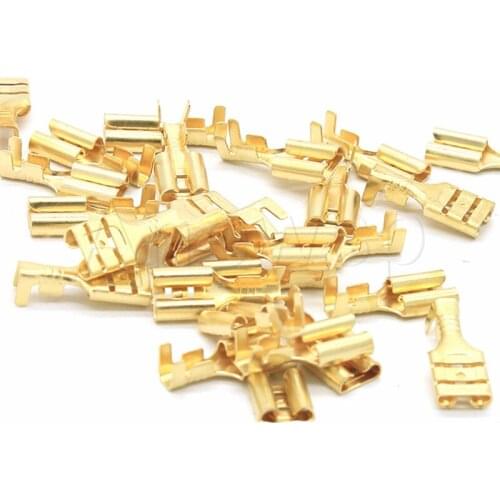 100pcs 6.3mm wire terminal plug spring brass cold-press terminal plug connector wire ear line pressing nose connection terminals