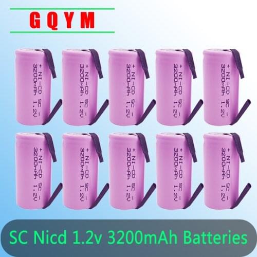MJKAA 10Pcs SC 1.2V 3200MAH Rechargeable Battery 4/5 SC Sub C Ni-cd Cell with Welding Tabs for Electric Drill Screwdriver