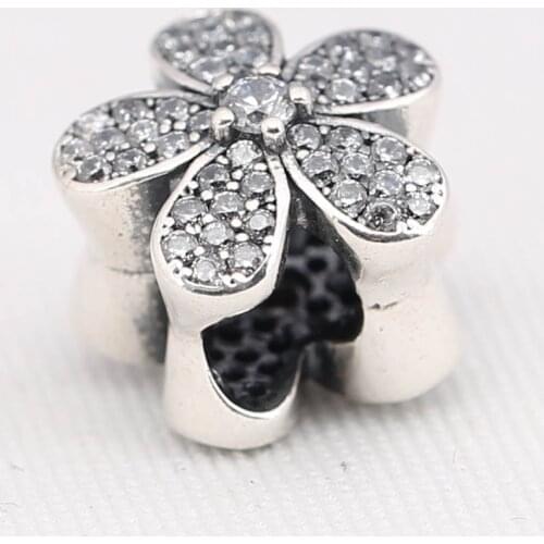 Authentic S925 Silver Bead DIY Jewelry Daisy Flower Oleander Charms fit Lady Bracelet Bangle Clear CZ