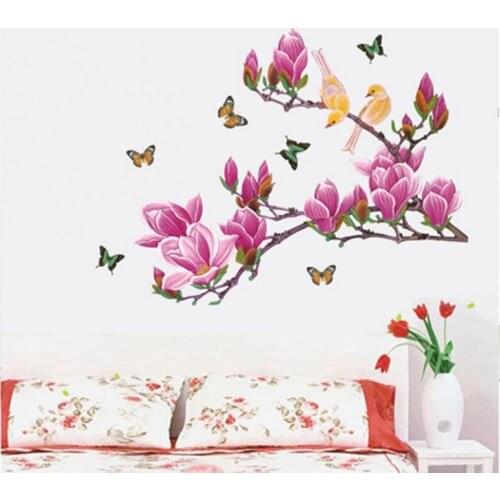COVPAW Wall Stickers Magnolia Pink Living Room Bedroom Home Decor Wall Decals Mural Wallpaper Poster Sitting Room PVC