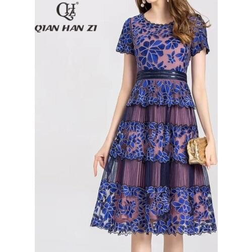 Qian Han Zi designer fashion runway summer dress women vintage Mesh blue embroidered elegant slim party dress