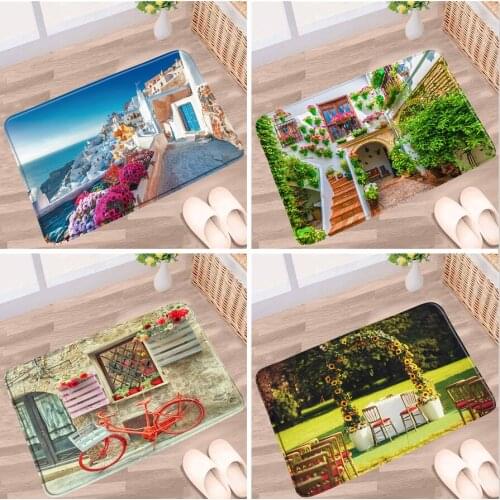 European Scenery Bathroom Mat Flowers Plants Garden Street Island Town Landscape Flannel Anti-Slip Rugs Kitchen Doorway Carpets