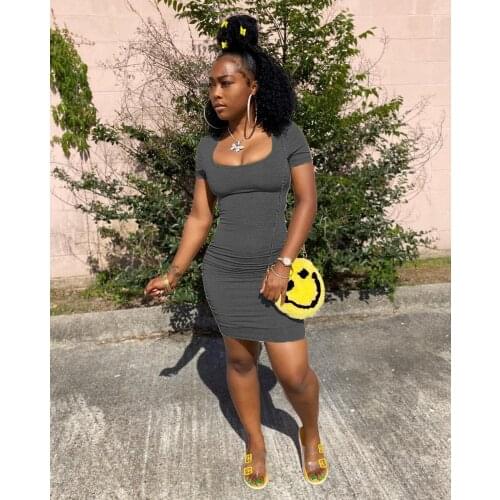 European and American summer new sexy casual tight dress gray wine red U collar short sleeve mini short dress