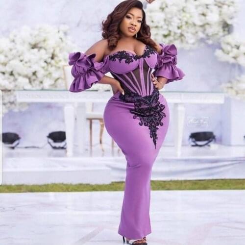 Purple Aso Ebi Prom Dresses Exposed Borning Lace Appliques Off Shoulder Plus Size Evening Dress Mermaid Women Party Vestidos