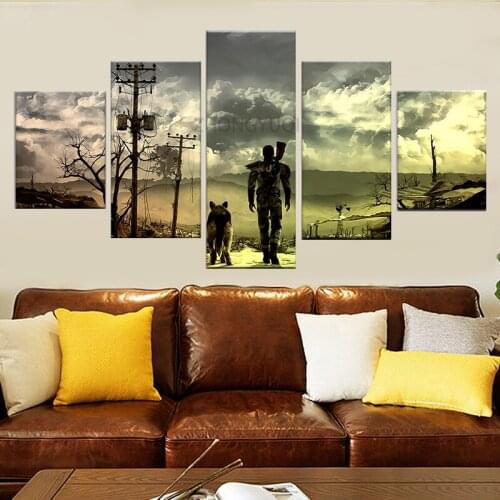 Fallout 4 Man and a Dog Game Poster Canvas Painting Modular 5 Pcs Cloth Fabric Print For Home Decor Wall Art Abstract Picture