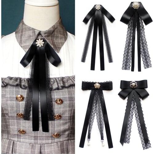 Fashion Female Ribbon Bow Tie for Women Lace Streamer Bow Pearl Brooches Pin Shirt Suit Student Business Clothing Accessories