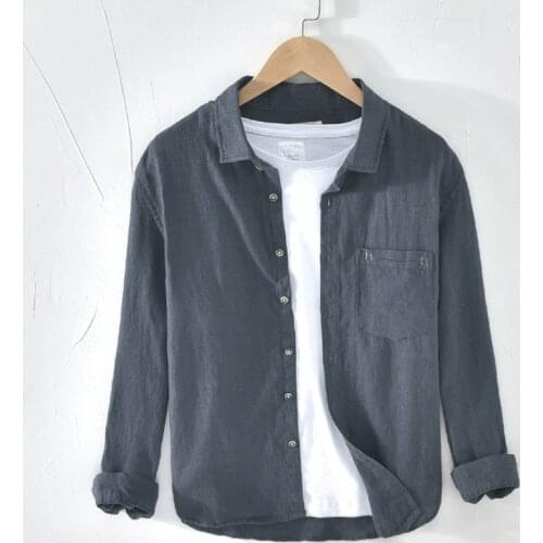 Mens Top Quality Solid 100% Linen Shirts Long-sleeved Casual Turn Down Collar Pure Flax Dress Shirt Men Male Fashion Tops TS-609