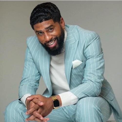 Mint Green Vertical Stripe Mens Suit Peaked Lapel For Wedding Blazers Male Tuxedos One Button Prom Jackets With Trousers