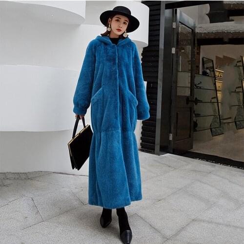 FURSARCAR 2021 New Fashion Genuine Natural Whole Mink Fur Long Coat With Real Fur Pockets And Hood Leisure Winter Female Jacket