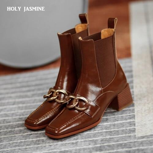 New Women Shoes Genuine Leather Slip-On Metal Chain Women Boots 2021 Knitting Ankle Boots for Women Zapatos De Mujer Black Boots