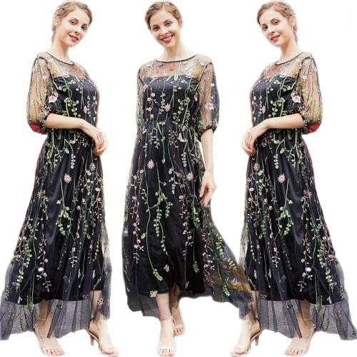 New Black Mesh Lace Flower Embroidered Dress Women Bohemian Summer Half Sleeve Chiffon Elegant Floral Long Dresses Party Evening
