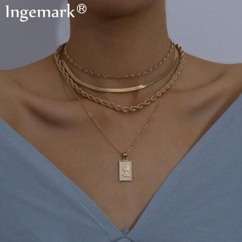 Gothic Multi Layered Iron Snake Chain Choker Necklace for Women Men Punk Carved Portraits Pendant Long Chain Necklace Jewelry