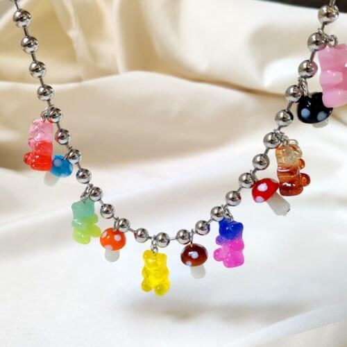 Stainless steel Ball Link Chain Necklace Cute Mushroom Gummy Bear Pendant Silver Color Metal Round Beads Choker Necklaces Women