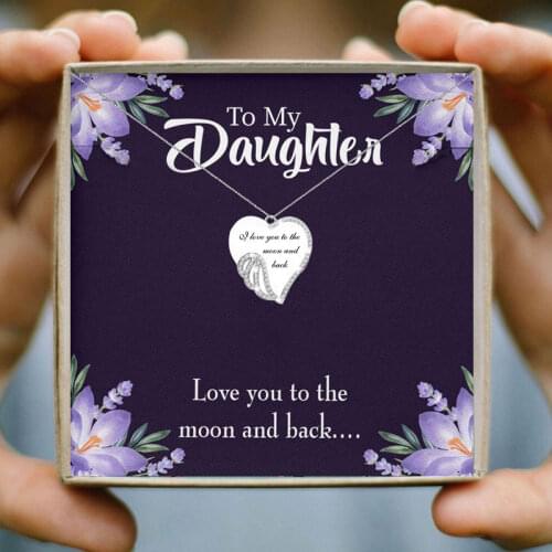 Crystal Heart Wing Necklace I Love You to The Moon and Back Cubic Zircon Pendant Necklace for Women Jewelry Gift To My Daughter