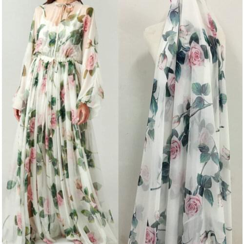 Pink rose digital printed chiffon fabric scarf soft thin clothing tissus for dress shirt Patchwork sewing DIY garment Needlework