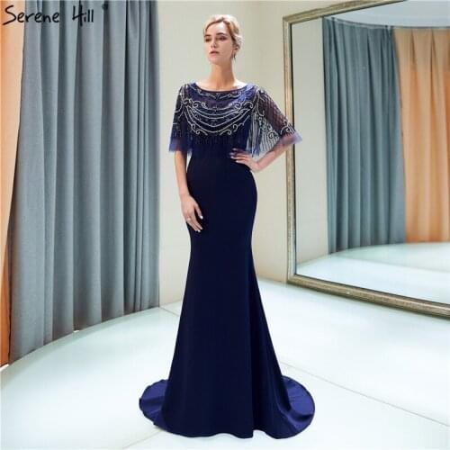Navy Blue Half Sleeve Mermaid Design Evening Dresses Diamond Beading Satin Sexy Formal Dress 2020 Serene Hill LA60881