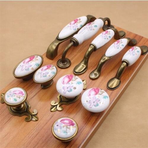 Vintage Ceramic color Cabinet Knobs and Handles China Flower Furniture Hardware Handle for Kitchen Door Cupboard Drawer