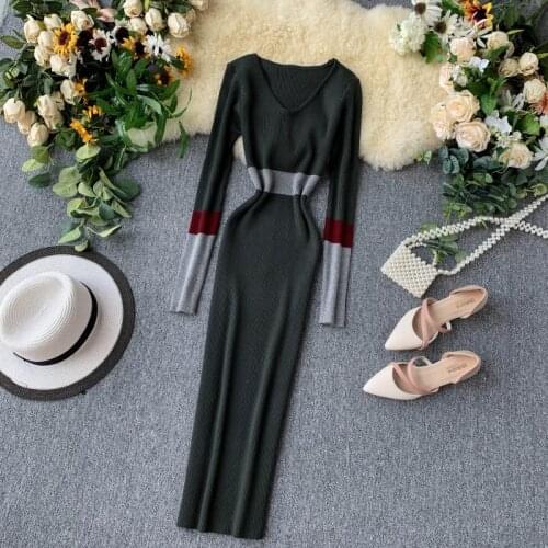 Vintage Slim V Neck Basic Patchwork Autumn Winter Bodycon Knit Sweater Midi Pencil Dress Party Women Casual Long Sleeve Vestidos